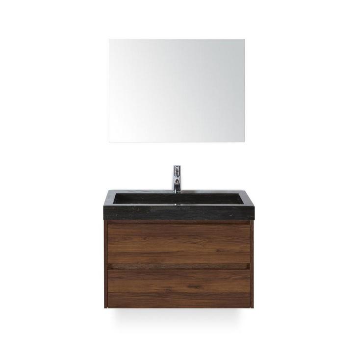 Dante Badmeubelset 80 cm - Walnoot - Wastafel Hardsteen Wit, Huis en Inrichting, Badkamer | Badkamermeubels, Ophalen of Verzenden