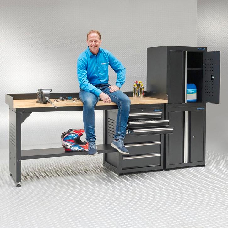 Datona Werkbank 200 cm 2 kast deuren 1 kast lades bamboe -, Doe-het-zelf en Verbouw, Werkbanken, Nieuw, Ophalen of Verzenden