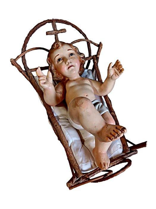 Jezus-kindje in de kribbe - 29 cm - Vintage - Gips, Hout,, Antiek en Kunst, Antiek | Boeken en Bijbels