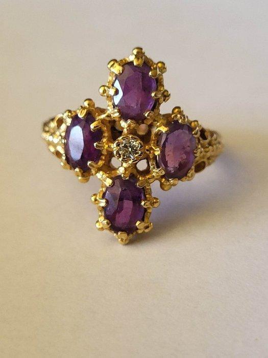 Ring - 18 karaat Geel goud Amethist - Diamant, Sieraden, Tassen en Uiterlijk, Ringen