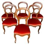 Stoel (6) - Hout, Textiel - Set stoelen, Antiek en Kunst