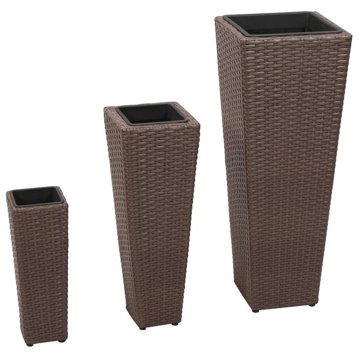 vidaXL Plantenbakken verhoogd 3 st poly rattan bruin, Tuin en Terras, Bloembakken en Plantenbakken, Minder dan 60 cm, Nieuw, Kunststof
