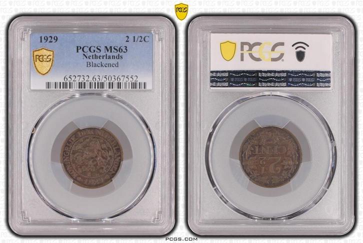 Koningin Wilhelmina 2 1/2 cent 1929 MS63 Blackened PCGS, Postzegels en Munten, Munten | Nederland, Losse munt, Koningin Wilhelmina