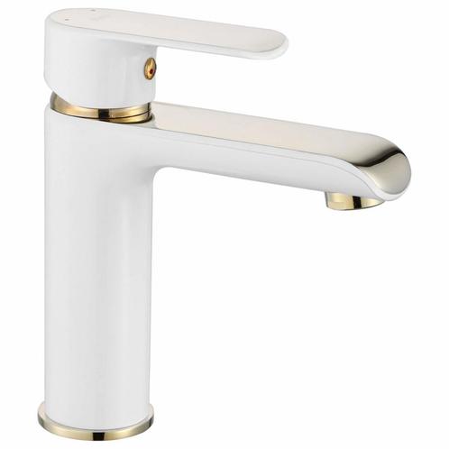 REA Laag model wastafelkraan - glans wit en goud - eenhen..., Doe-het-zelf en Verbouw, Sanitair, Nieuw, Ophalen of Verzenden
