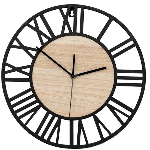 REA Retro metalen wandklok - Ø 35 cm - mat zwart en hout..., Huis en Inrichting, Woonaccessoires | Klokken, Nieuw, Ophalen of Verzenden