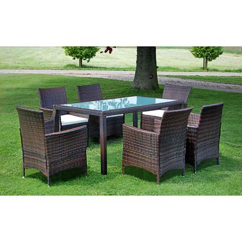 vidaXL 7-delige Tuinset met kussens poly rattan bruin, Tuin en Terras, Tuinsets en Loungesets, Tuinset, Nieuw, 6 zitplaatsen, Rotan