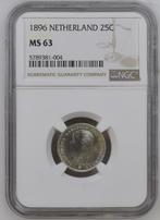 Koningin Wilhelmina 25 cent 1896 MS63 gecertificeerd NGC, Zilver, Losse munt, Verzenden
