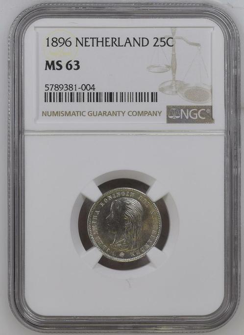 Koningin Wilhelmina 25 cent 1896 MS63 gecertificeerd NGC, Postzegels en Munten, Munten | Nederland, Losse munt, Zilver, Verzenden