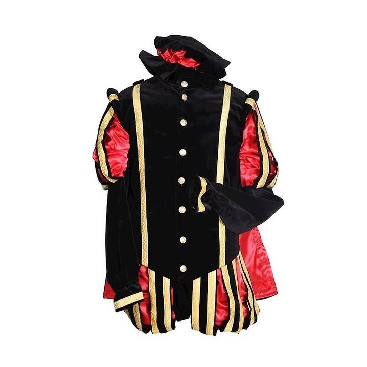 Piet fluweel luxe met cape Malaga Zwart/Rood — M, Diversen, Sinterklaas, Nieuw, Ophalen of Verzenden