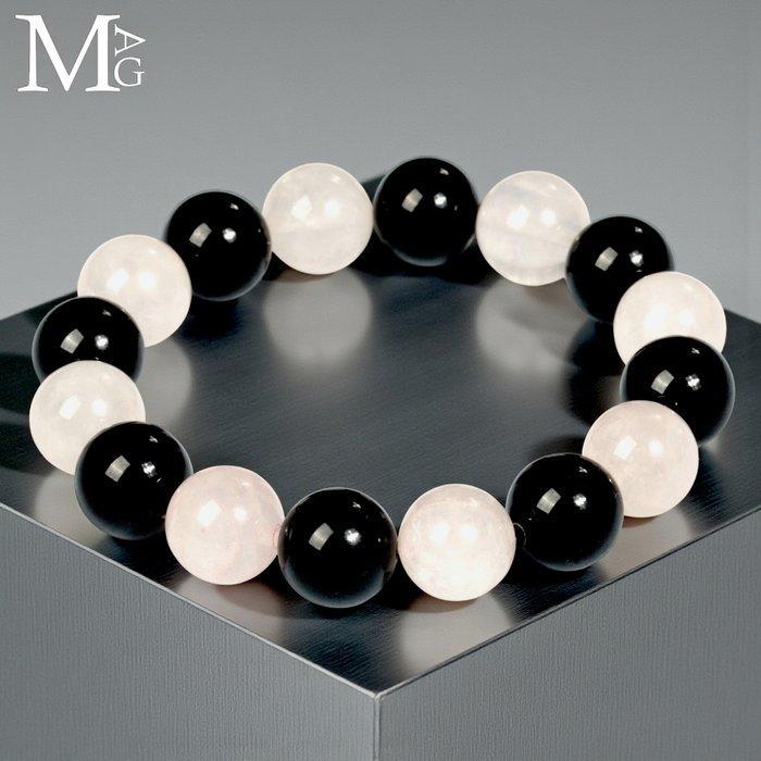 Rozenkwarts en zwarte onyx armband – 12,5 mm kralen -, Verzamelen, Mineralen en Fossielen