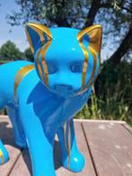 Beeld, garden statue cat color blue with finish gold color -