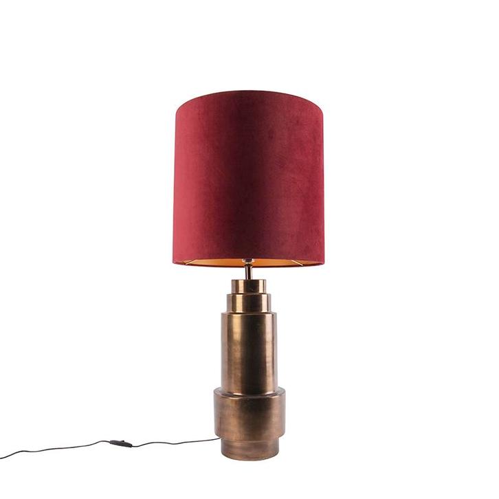 Art deco tafellamp brons velours kap rood met goud 40 cm -, Huis en Inrichting, Lampen | Tafellampen, Nieuw, Overige materialen