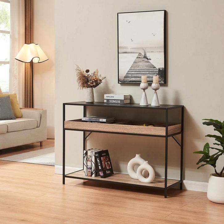 Consoletafel Belana 110x40x80 cm zwart en eikenkleurig [en.c, Huis en Inrichting, Tafels | Sidetables, Verzenden