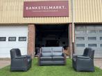 Bankstel SENIOREN Mecam blauwe leer 2 zit bank +2 fauteuils, Zo goed als nieuw, Rechte bank, Leer, Senioren