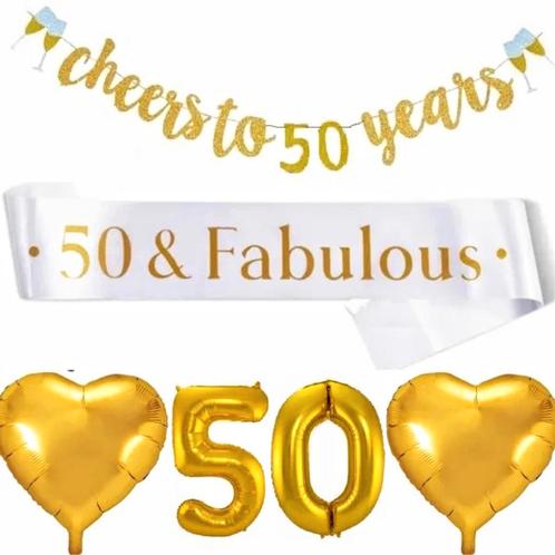 50 & Fabulous set goud met wit XL, Hobby en Vrije tijd, Feestartikelen, Abraham of Sarah, Nieuw, Versiering, Verzenden