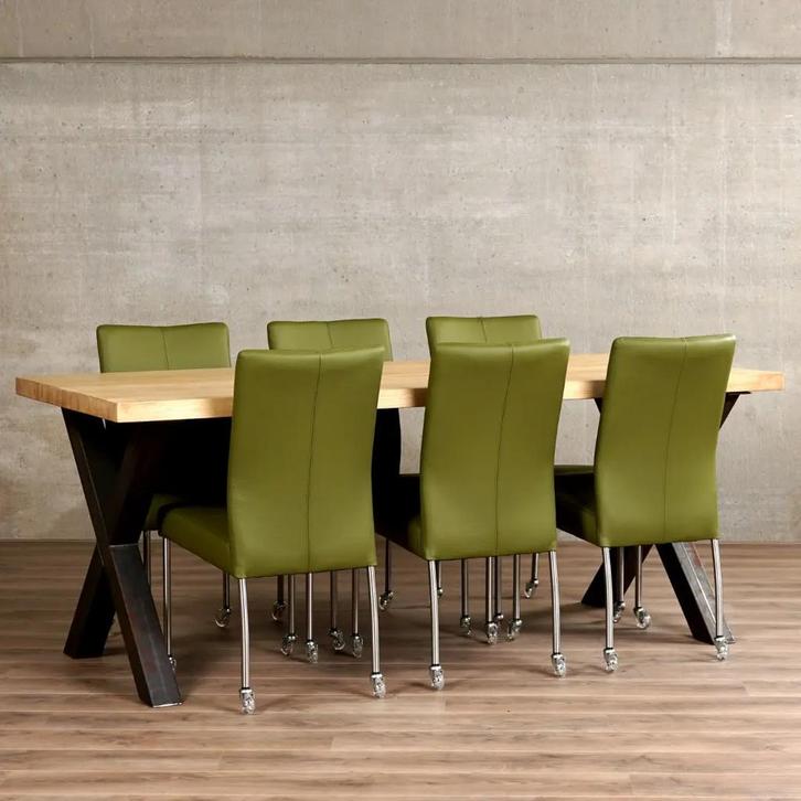 Set van 6 groene leren eetkamerstoelen met wieltjes - groen, Huis en Inrichting, Stoelen, Nieuw, Leer, Ophalen of Verzenden