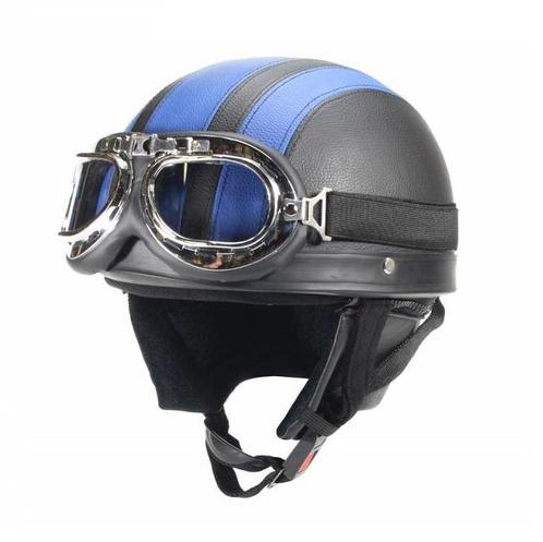 Vintage zwart - blauw leren pothelm, Motoren, Kleding | Motorhelmen, Nieuw met kaartje, Verzenden