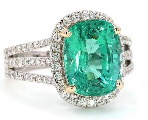 Ring - 18 karaat Witgoud - 5.06ct. tw. Smaragd - Diamant -, Sieraden, Tassen en Uiterlijk, Ringen