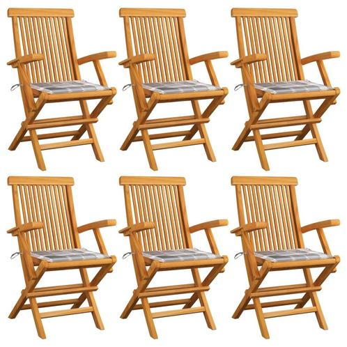 vidaXL Tuinstoelen 6 st met grijs geruite kussens massief, Tuin en Terras, Tuinstoelen, Nieuw, Teakhout, Verzenden