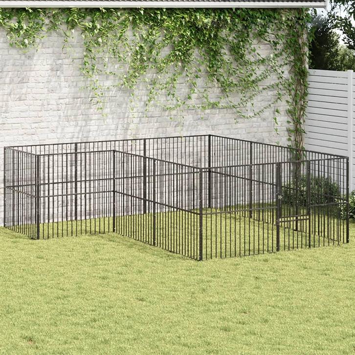 vidaXL Hondenkennel 12 panelen gepoedercoat staal zwart, Dieren en Toebehoren, Hondenhokken, Nieuw, Verzenden
