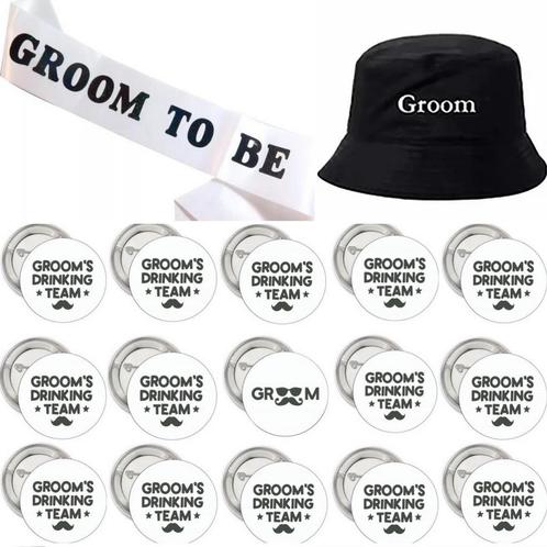 Vrijgezellenfeestset Groom en Grooms drinking crew 17-delig, Hobby en Vrije tijd, Feestartikelen, Geboorte of Huwelijk, Nieuw