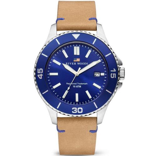 River Woods Herenhorloge 10ATM - Lederen Horlogeband Blauw, Sieraden, Tassen en Uiterlijk, Horloges | Heren, Verzenden