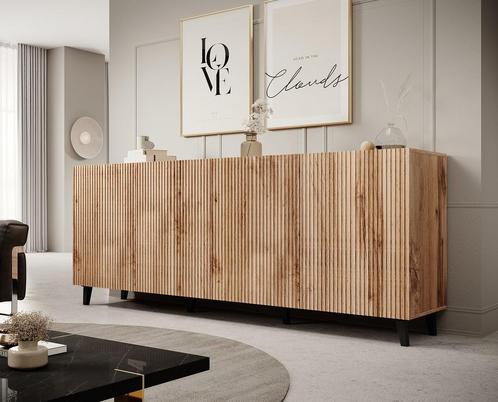 Meubella | Dressoir eiken 201x42x83 cm zwarte pootjes, Huis en Inrichting, Kasten | Dressoirs, 25 tot 50 cm, Nieuw, 200 cm of meer