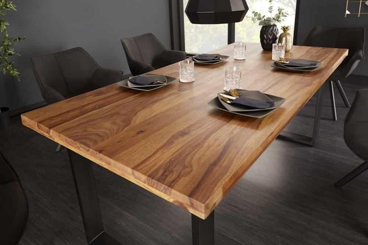 Massief houten eettafel IRON CRAFT 160cm bruin zwart, Huis en Inrichting, Tafels | Eettafels, Ophalen of Verzenden