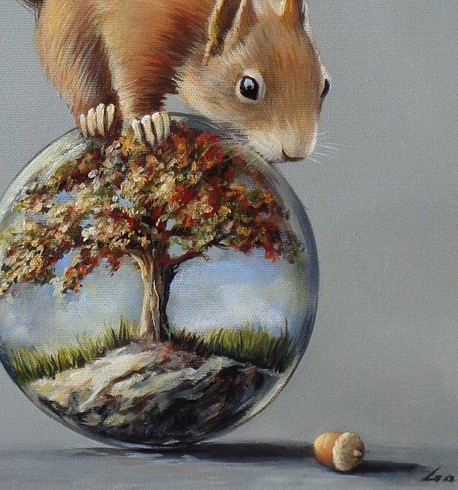 Gala - Squirrel animal painting -Fragile, Antiek en Kunst, Kunst | Designobjecten