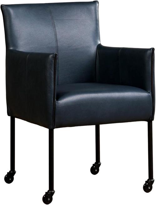 Blauwe leren moderne kuipstoel - poot rond zwart met wiel -, Huis en Inrichting, Stoelen, Eén, Overige kleuren, Nieuw, Leer, Ophalen of Verzenden