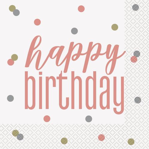 Happy Birthday Servetten Rose Goud 33cm 16st, Hobby en Vrije tijd, Feestartikelen, Nieuw, Verzenden