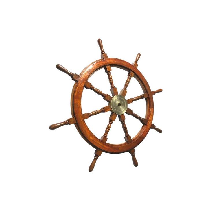 Hardhouten wandornament - stuurwiel - L - messing naaf, Huis en Inrichting, Woonaccessoires | Wanddecoraties, Ophalen of Verzenden
