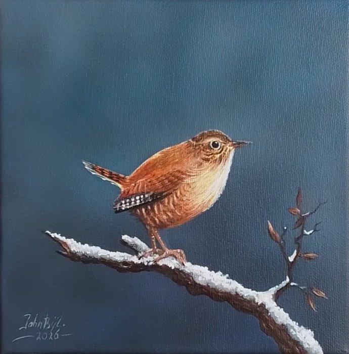 John Bijl (1951) - Winterkoning op een tak, Antiek en Kunst, Kunst | Schilderijen | Klassiek