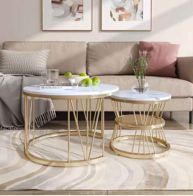 Salontafel set van 2 – Marmerlook en Goudkleurig Frame, Huis en Inrichting, Tafels | Salontafels, Nieuw, Verzenden