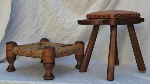 Voetenbank (2) - hout - leer-touw - en melkkrukje, Antiek en Kunst, Curiosa en Brocante