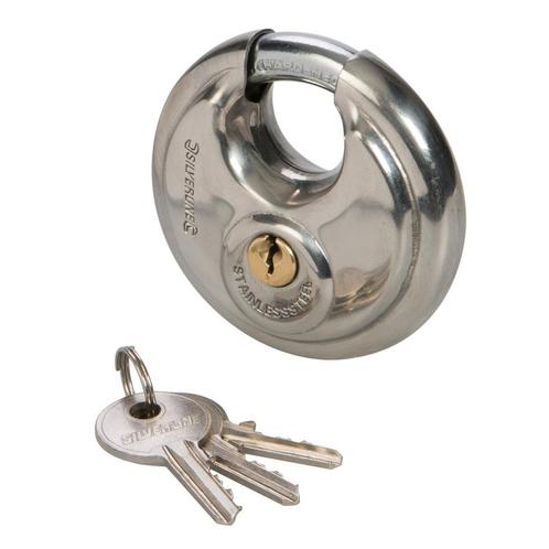 Silverline Rond roestvrijstalen discus hangslot - Ø 70 mm.., Auto diversen, Aanhangwagen-onderdelen, Nieuw, Ophalen of Verzenden