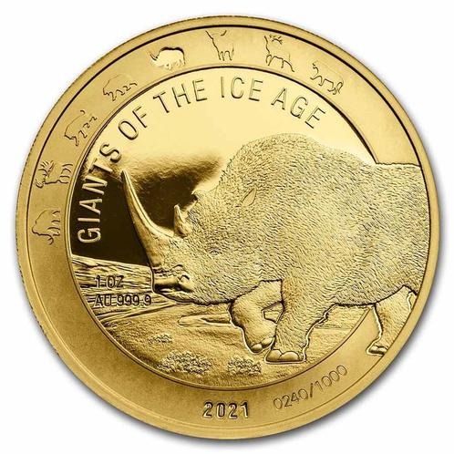 Gouden Ghana Giants of the Ice Age 1 oz 2021 Woolly Rhino, Postzegels en Munten, Munten | Afrika, Losse munt, Goud, Overige landen
