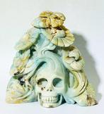 Unieke amazoniet schedel met bloemmotieven Met de hand -, Antiek en Kunst