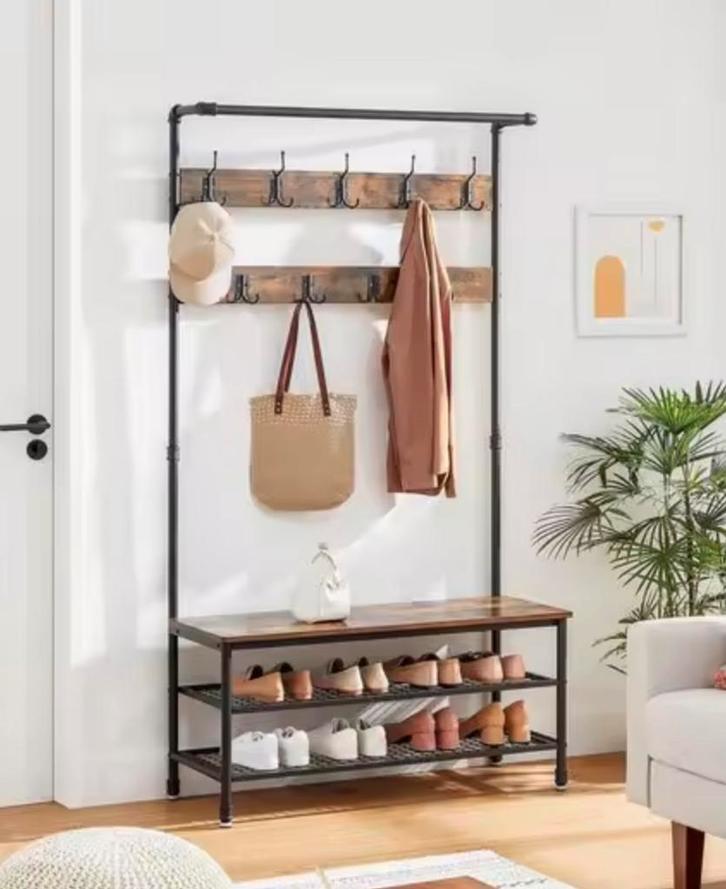 Industriële Kapstok met Zitbank – Vintage bruin en Zwart, Huis en Inrichting, Woonaccessoires | Kapstokken, Staande kapstok, Nieuw