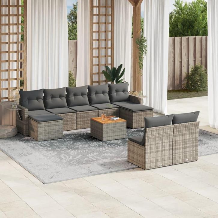 vidaXL 10-delige Loungeset met kussens poly rattan grijs, Tuin en Terras, Tuinsets en Loungesets, Loungeset, Nieuw, Rotan, Verzenden