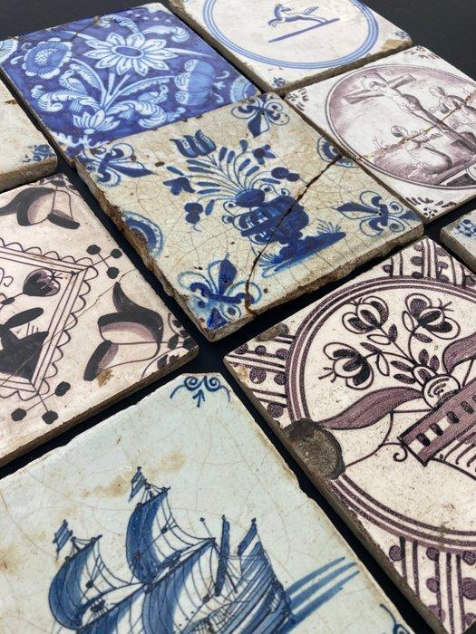 Tegel - Antieke tegels met tulpen, schip, springertjes,, Antiek en Kunst, Antiek | Glas en Kristal