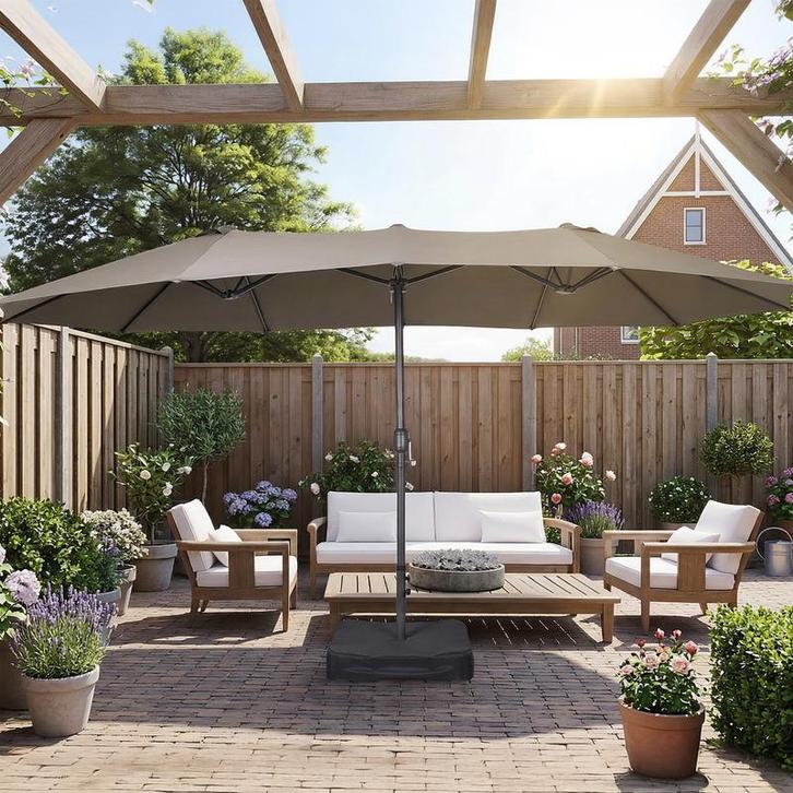 Dubbele parasol met voet – taupe - 450 x 265 x 278 cm |, Tuin en Terras, Parasols, Nieuw, Verzenden