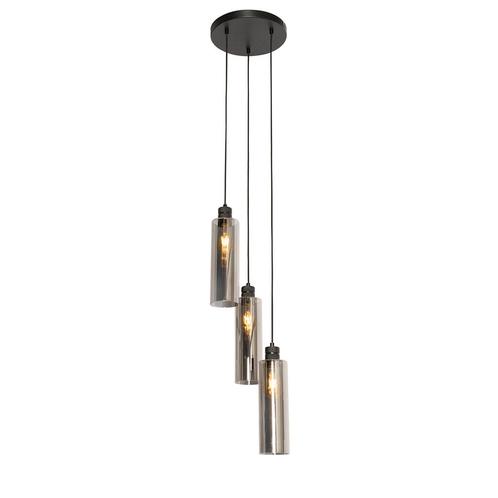 Moderne hanglamp zwart met smoke glas 3-lichts - Stavelot, Huis en Inrichting, Lampen | Hanglampen, Nieuw, Glas, 75 cm of meer