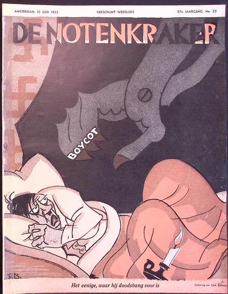 Spotprent Hitler bang in bed voor de boycot van Duitse pr..., Antiek en Kunst, Kunst | Litho's en Zeefdrukken, Verzenden