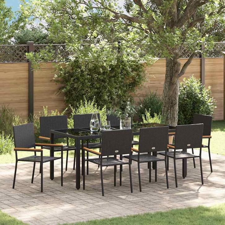 vidaXL Tuin Eetset 9 pcs Zwart poly rattan, Tuin en Terras, Tuinstoelen, Nieuw, Rotan, Verzenden