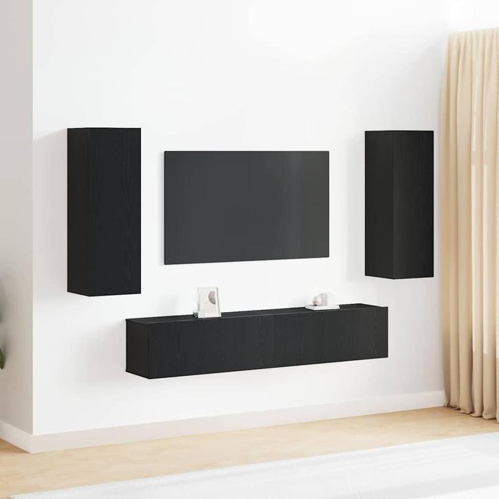 vidaXL 4-delige wandgemonteerde TV-kastset in zwart eiken, Huis en Inrichting, Kasten | Televisiemeubels, Nieuw, 150 tot 200 cm