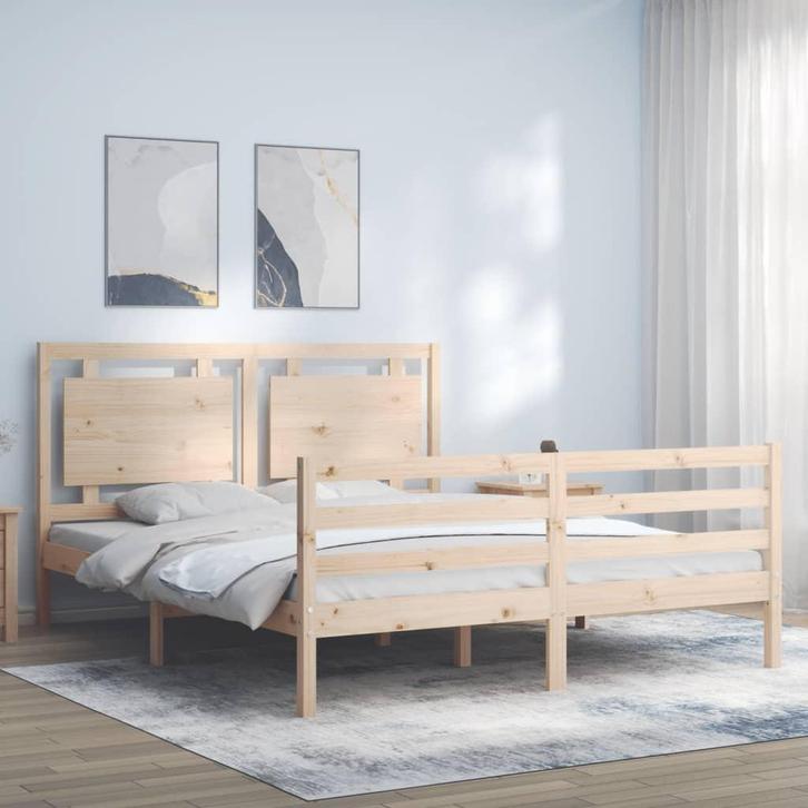 vidaXL Bedframe met hoofdbord massief hout 160x200 cm, Huis en Inrichting, Slaapkamer | Bedden, 160 cm, 200 cm, Bruin, Tweepersoons