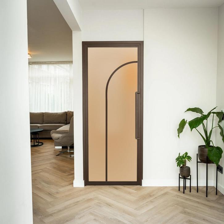 Stalen Binnendeur - Brons - 2 Vlaks rond - Mat glas, Doe-het-zelf en Verbouw, Deuren en Horren, Nieuw, Metaal, Binnendeur, 200 tot 215 cm
