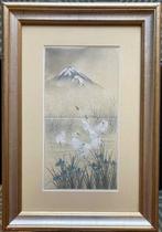 Fuji, cranes, and blue water lillies - Attributed to Ohara, Antiek en Kunst