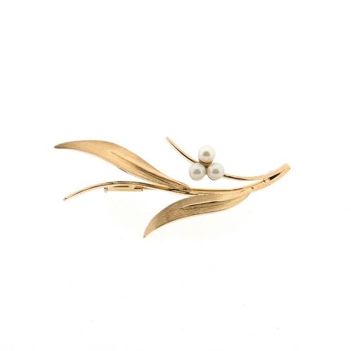 18 Krt. Gouden broche met parel (geelgoud, florale broche), Sieraden, Tassen en Uiterlijk, Broches, Overige kleuren, Gebruikt